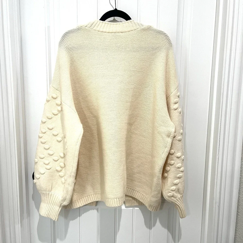 Umgee Ivory Open Front Cardigan Balloon Sleeves‎ Pom Pom's LRG NWT - Picture 2 of 7